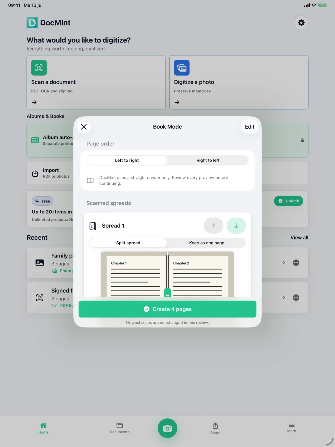 Real DocMint Book Mode with page order and facing-page split controls