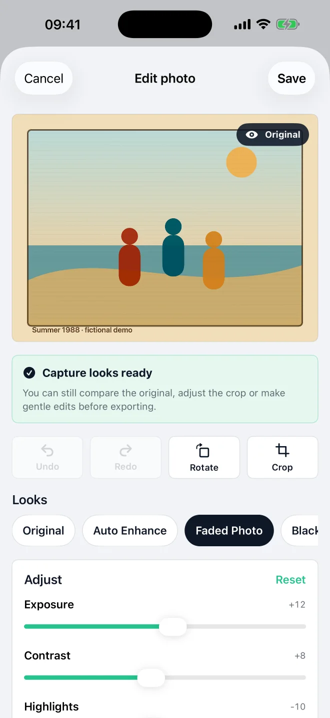 Real DocMint photo editor with crop, rotate and gentle adjustment controls