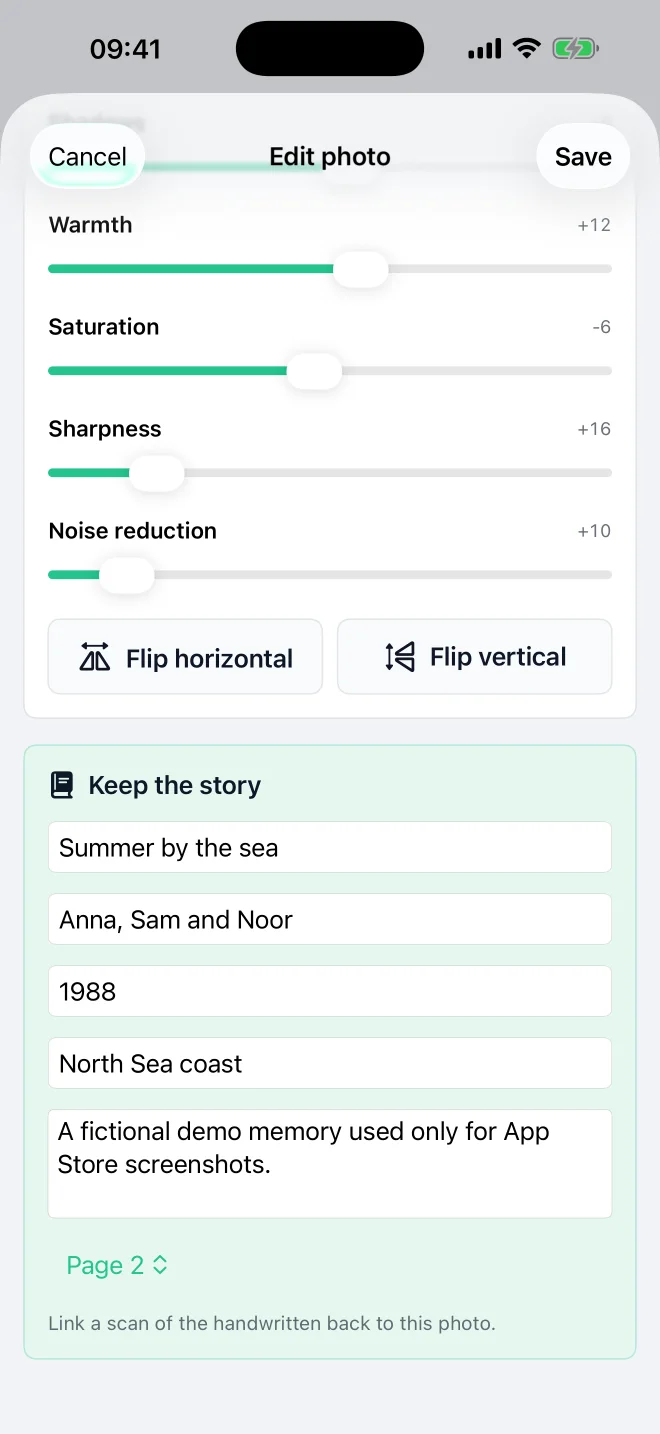 Real DocMint photo editor with names, date, place and story fields